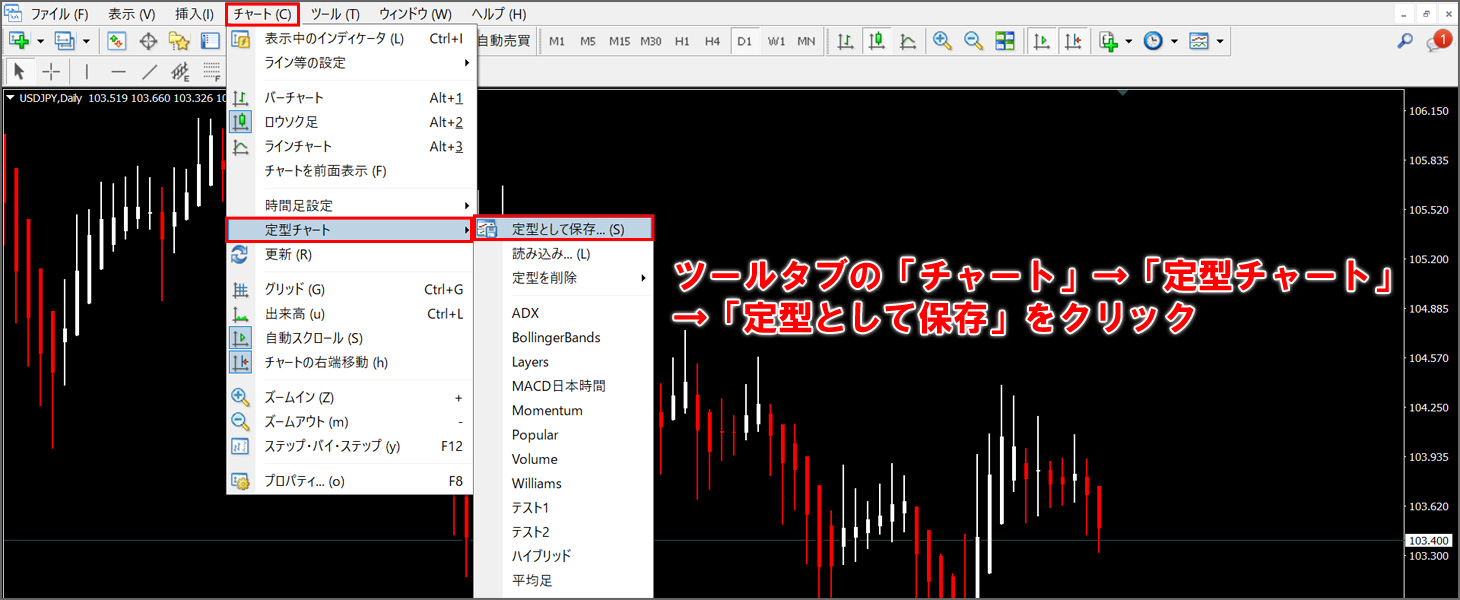 ツールタブの「チャート」→「定型チャート」→「定型として保存」をクリック