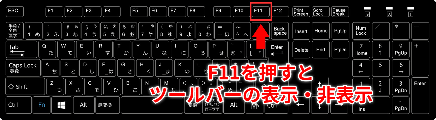 キーボードの「F11」を押すとツールバーの表示・非表示ができます