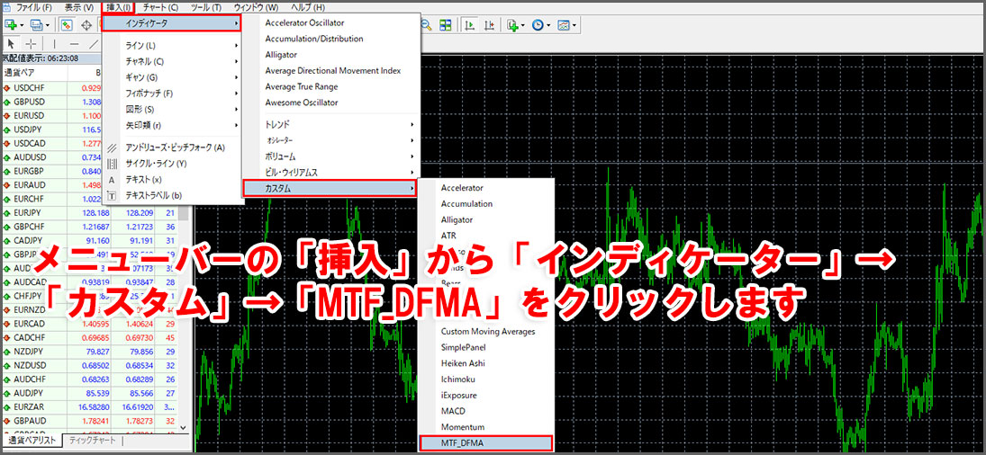 メニューバーの「挿入」から「インディケーター」→「カスタム」→「MTF_DFMA」をクリックします